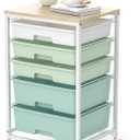 SYKIARIOL Utility Cart with 5 Drawers,Storage Cart with Wooden Tabletop and Lockable Wheels,Craft Storage Trolley Organizer,5-Tier Rolling Utility on Wheels,Light Green