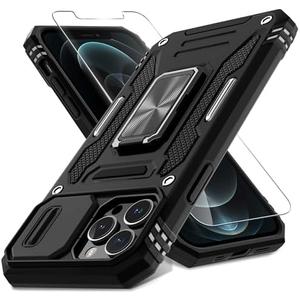 DEERLAMN Case for iPhone 13 Pro Max with Slide Camera Cover+Screen Protector (1 Pack), Rotated Ring Kickstand Military Grade Shockproof Protective Cover 6.7 Inch-Black