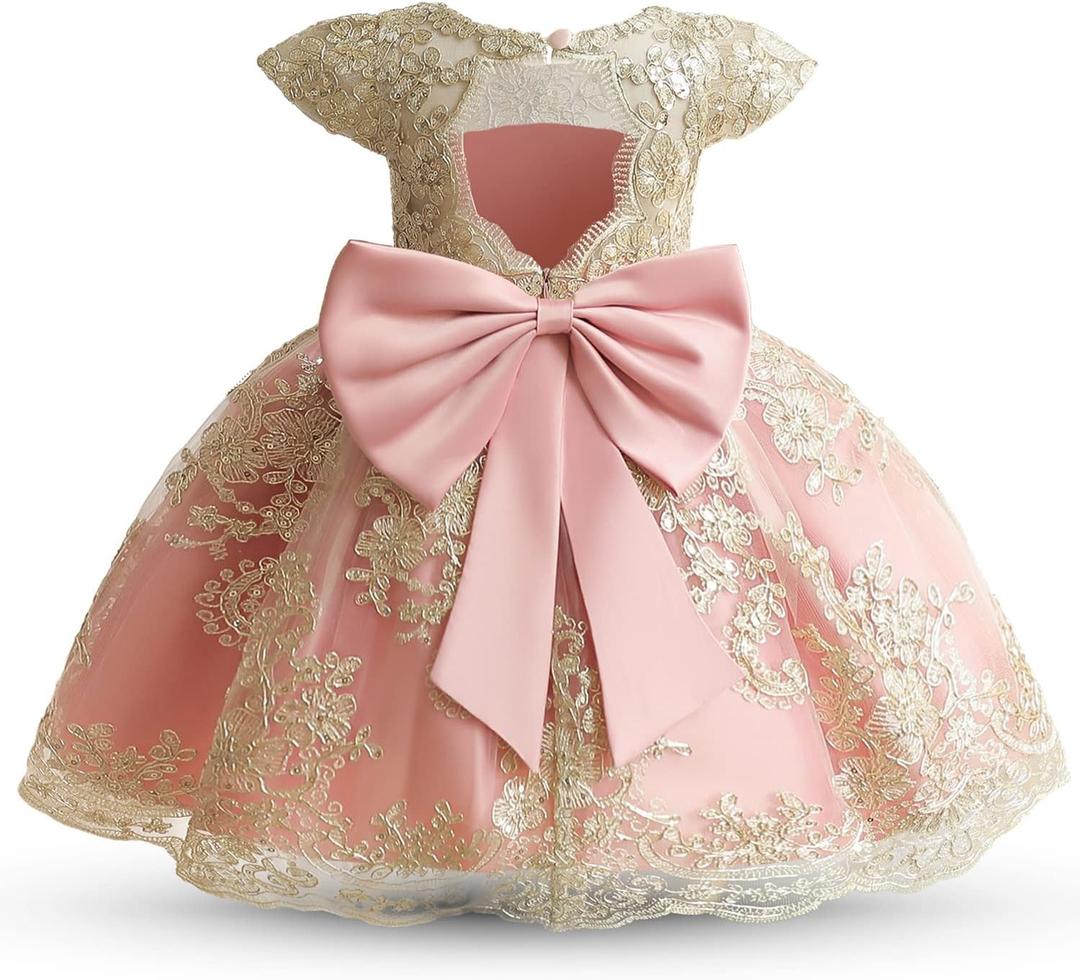 HNXDYY Baby Girl Tutu Dress Princess Lace Embroidery Wedding Party Gown (6-12 Months, #2006-c Pink)