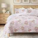 Soul & Lane Cotton Quilt Set Queen , Pink Floral Patchwork Bedding Set with Coquette Cottagecore Aesthetic Flower Shabby Chic Pattern, Lightweight Quilted Comforter for All Season