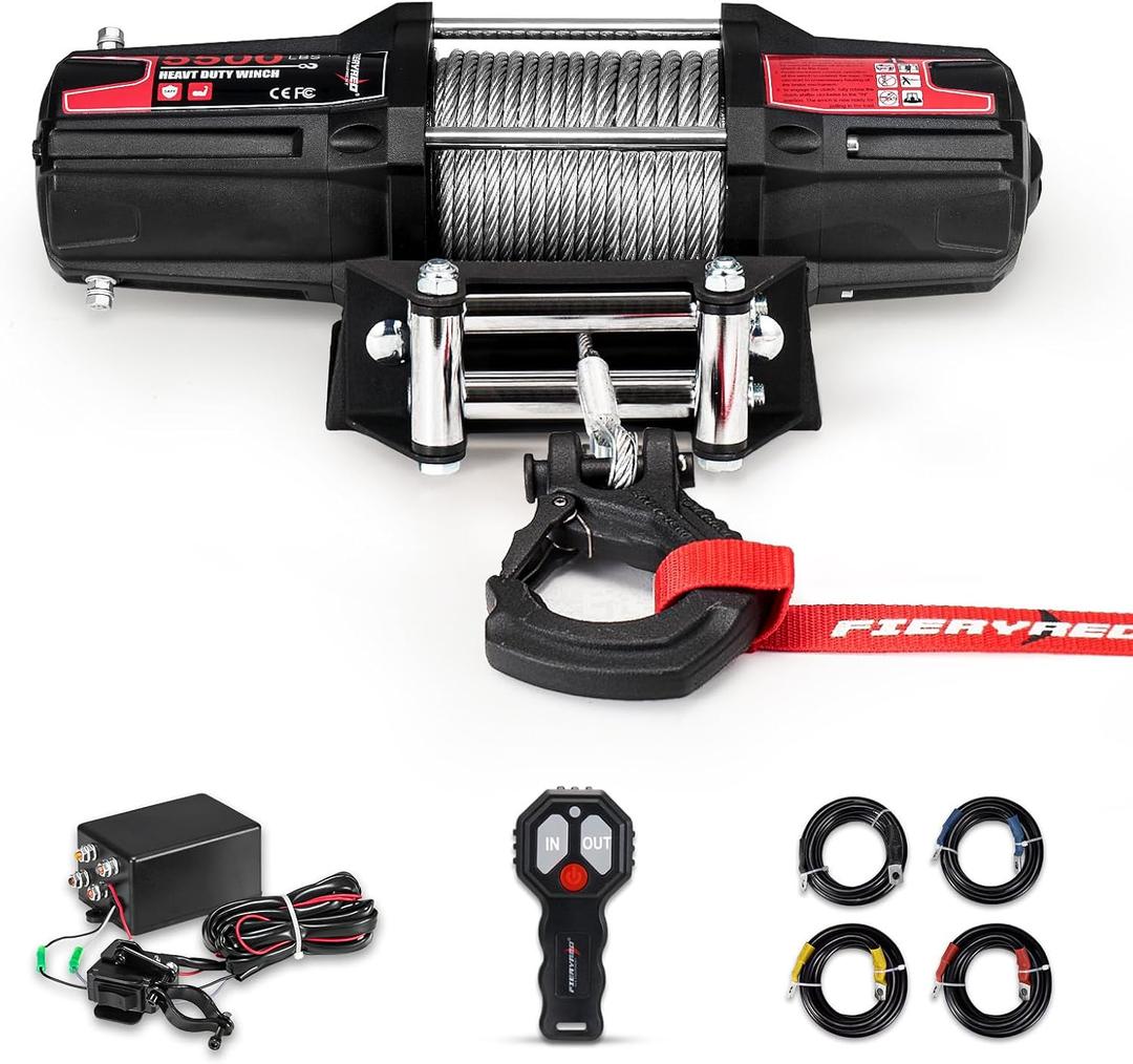 FieryRed ATV/UTV Winch 12V 5500 lb Electric Winch with Steel Cable, with Wireless Remote Control Hawse Aluminium Fairlead & Mounting Bracket, Waterproof IP67