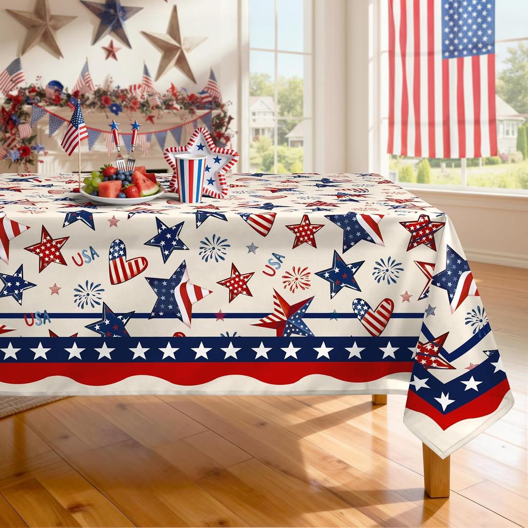 4th of July Tablecloth Waterproof, Patriotic Independence Day Table Cloth Rectangle Stain Resistant, Washable Table Cover for Home Kitchen Dining Party Decoration (60×104 Inch)