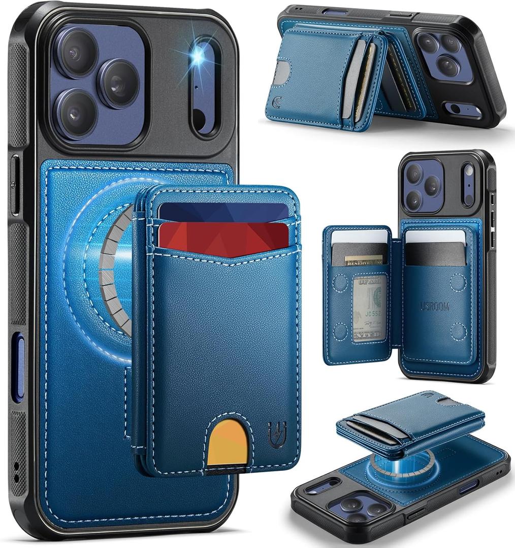 for iPhone 17 Pro Max Wallet Case Compatible with Magsafe, Magnetic RFID Blocking Card Holder Kickstand 2 in 1 Detachable Case for iPhone 17 Pro Max 6.9", Blue