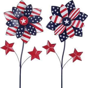 YEAHOME 4th of July Decorations Outdoor, 22.4" Set of 2 Red White Blue Metal Flowers Decorative Garden Stakes for Memorial Day Decorations, Yard Signs Patriotic Decorations for Garden Lawn Porch