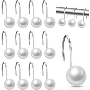 12 Pcs Shower Curtain Hooks Ivory Artifical Pearl Decorative Shower Curtain Rings Vintage Rustproof Cute Curtain Hooks for Country Farmhouse Bathroom Decor
