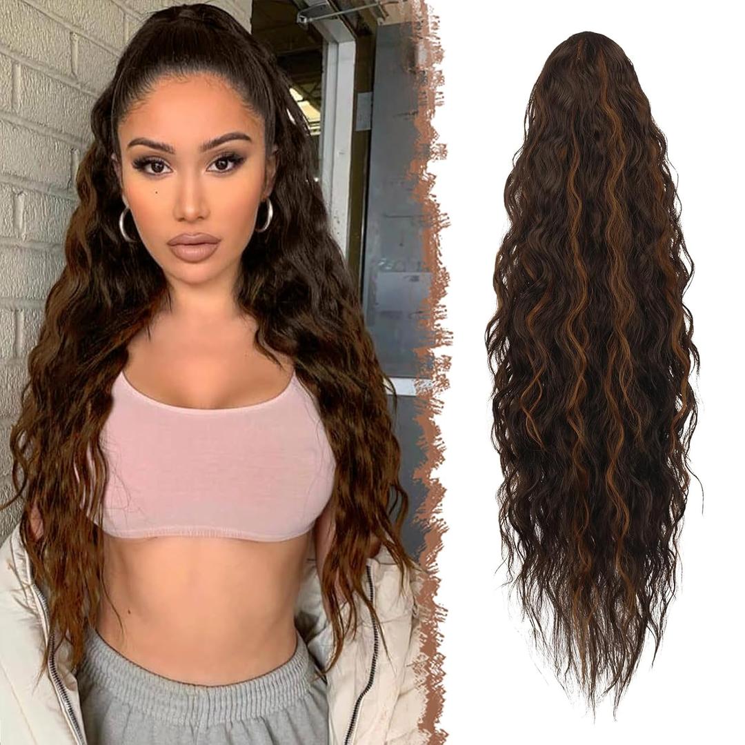 FESHFEN Ponytail Extensions - 26 inch Drawstring Long Curly Wavy Clip in Ponytails Synthetic Hair Piece Pony Tail Hairpieces for Women, Dark Brown Highlighted Auburn