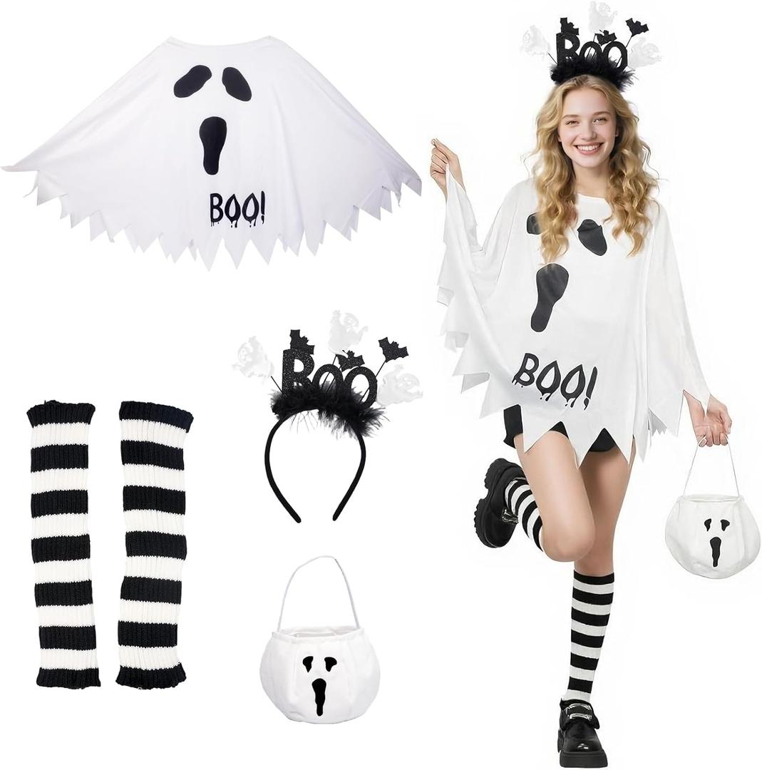 Women's Halloween Ghost Costume Set for Women Adult, 4PCS 2025 Ghosts Poncho Costume White Ghost Capes with BOO Headband Candy Bag Striped Leg Sleeves for Halloween Cosplay Party Outfit