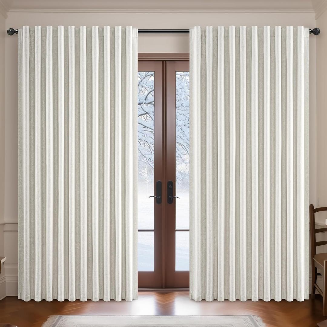Extra Wide Room Darkening 96 Inch Curtains 2 Panels Set for Living Room,Cream Pleat Linen Blackout Curtain for Bedroom Windows 120 to 140 Privacy Thermal Window Drapes Rod Pocket(70"W x 96"L 2 Panels) (Birch)