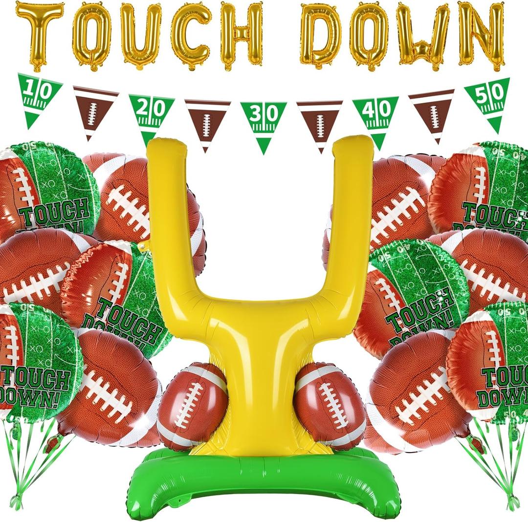 4 x Football Party Supplies Kit - Touchdown Letter Balloon, Goal Post & Football Shaped Foil Balloons, Round 'Touchdown!' Foil Balloons, and Banner for Birthday, Game day, Tailgate Party Decorations