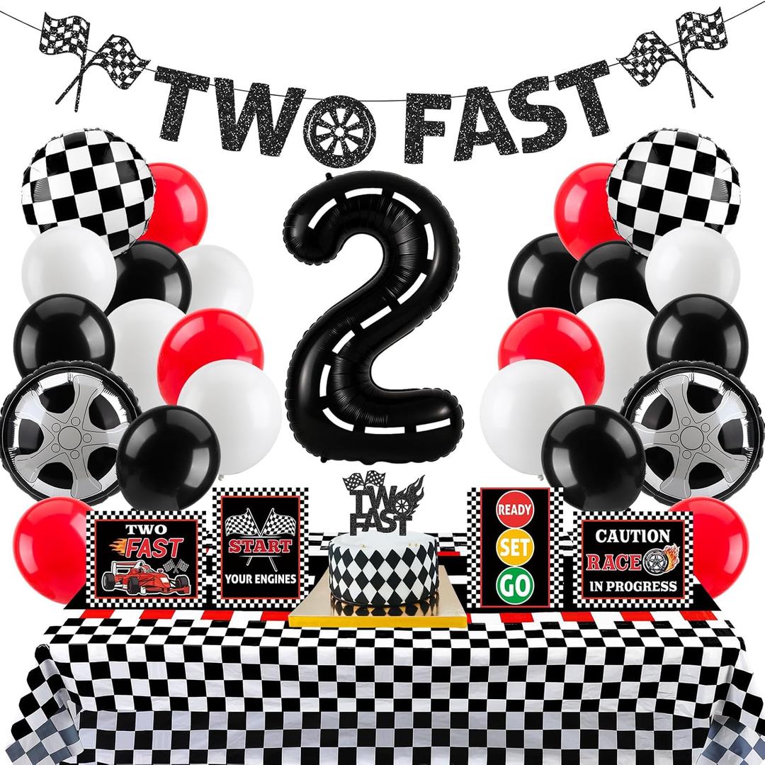 Two Fast Birthday Decor, Race Car Party Supplies Baby Boy 2nd Birthday Decorations Racing Car Party Signs Cake Toppers Foil Balloons Banner Tablecloth Decorations for Boy,Red