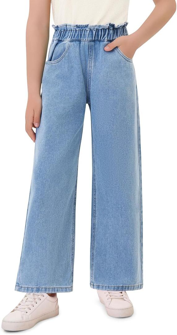 Haloumoning Girls Cute Wide Leg Flared Jeans Kids Oversized Elastic Waist Paper Bag Pants with Pockets, Wash Blue, 150