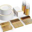 FOCUSLINE 350 Ct Disposable Dinnerware Set for 50 Guests -Heavy Duty Plastic Plates with Gold Rim, Includes 50 Dinner & Salad Plates, Cups, Napkins, Cutlery Set