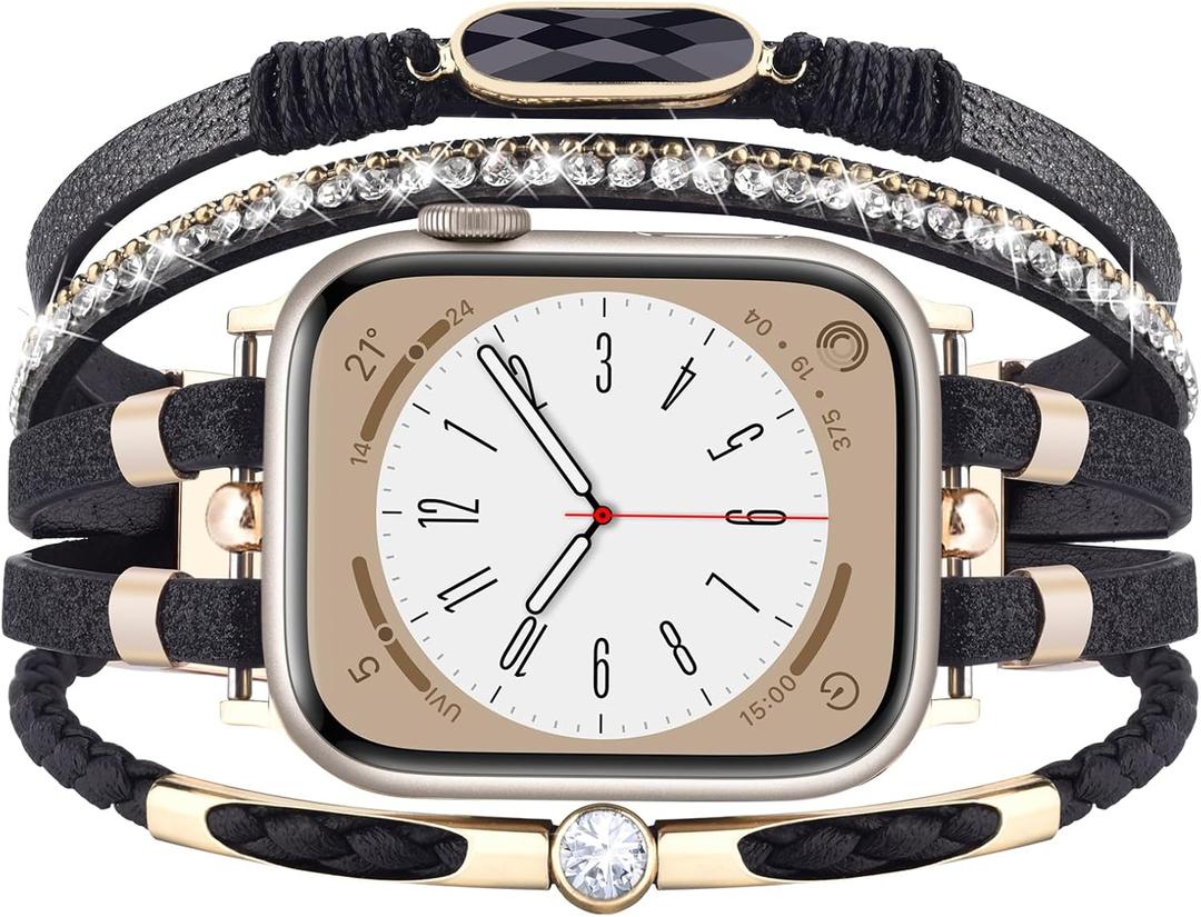 MOFREE Boho Leather Bracelet Compatible with Apple Watch Band 38mm 40mm 41mm Women, Adjustable iPhone Watch Bands Fancy Jewelry Multilayer Strap Wrap for iWatch Bands Series 10 9 8 7 6 5 4 3 2 1 SE