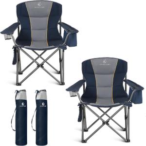 ALPHA CAMP Oversized Folding Camping Chair, Heavy Duty Portable Lawn Chairs with Cooler Bag, Side Pocket & Cup Holder, Folding Chairs for Outside Support 450 LBS (Twin Pack, Blue)