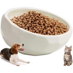 kathson Slanted Ceramic Dog Bowl Tilted 15 Cat Food Water Bowls Dish Animal Pet Comfort Feeding Bowls Heavy Weighted Feeder for Wet or Dry Food (White)