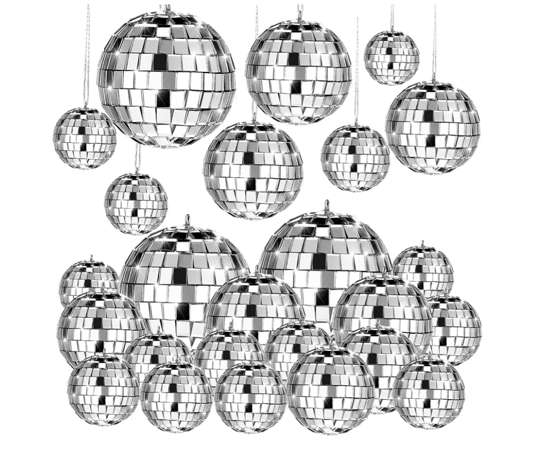 Dingion 6 ft Disco Ball Garland  New Year Eve Party Decor Disco Ball Ornament Reflective Silver Mirror Balls for Retro New Year Party Supplies Decorations Indoor Outdoor Photo Props