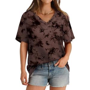 Aokosor Womens V Neck Short Sleeve T Shirts Summer Tops 2025 Casual Loose Tees Trending Now (Size Medium, Tie Dye Brown)
