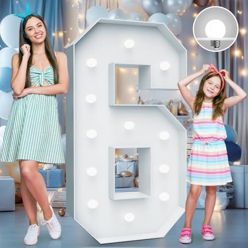 4FT Marquee Light Up Numbers - Cool White Light Up Number 6 with Fixed Water Bag, Party Decoration Large Marquee Lights Up Numbers can Be Used for Wedding Decoration, Birthday Party Deco