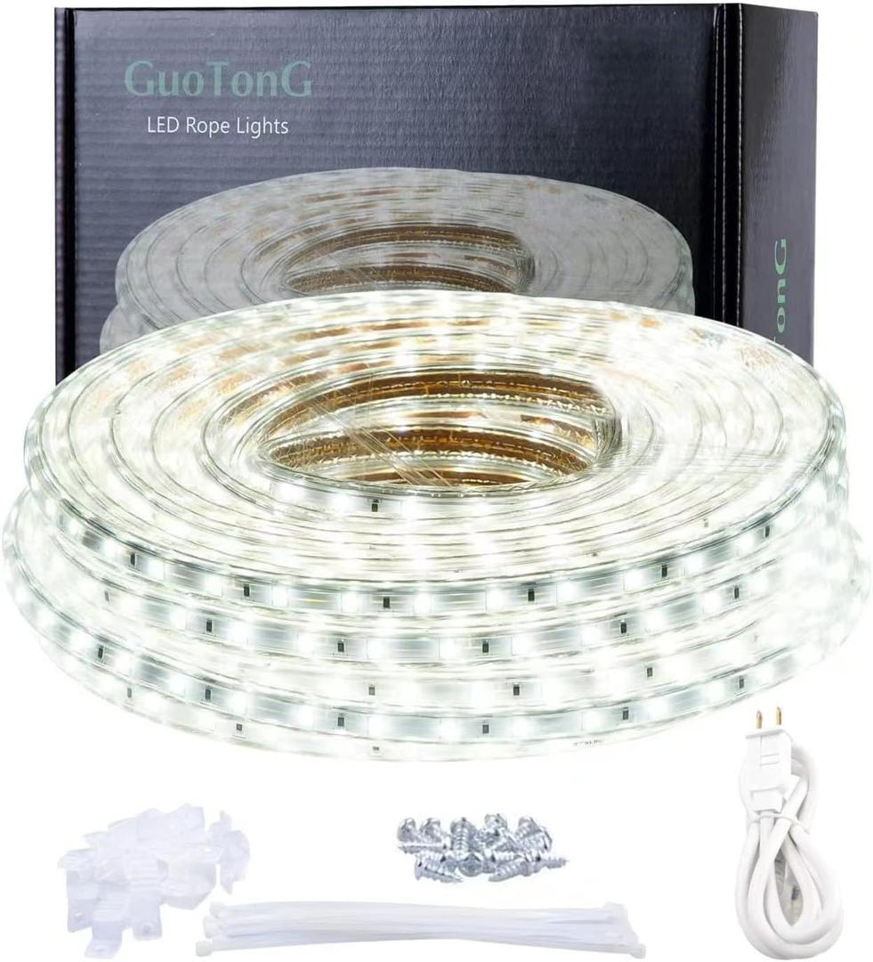 50ft LED Light Strip kit,Waterproof, 6000K Daylight White,110V 2 Wire, Flexible, 900 Units SMD 2835 LEDs,UL Listed Power Supply - Indoor Deck Patio Christmas Camping Decor (15m, Cool White)