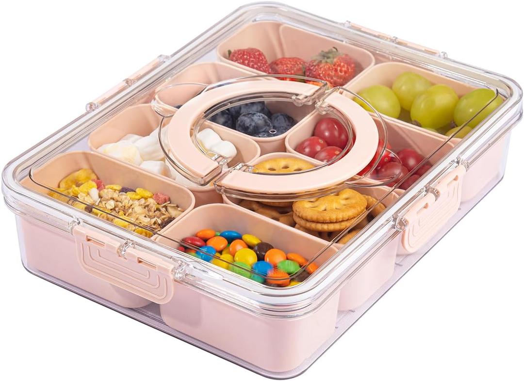 U-QE Dishwasher Safe Snackle Box Container with 8 Small Snacks Box - Premium Pink Plastic Divided Serving Tray with Lid and Handle for Snack, Veggie, Fruits, Perfect for Mothers Day, Picnic