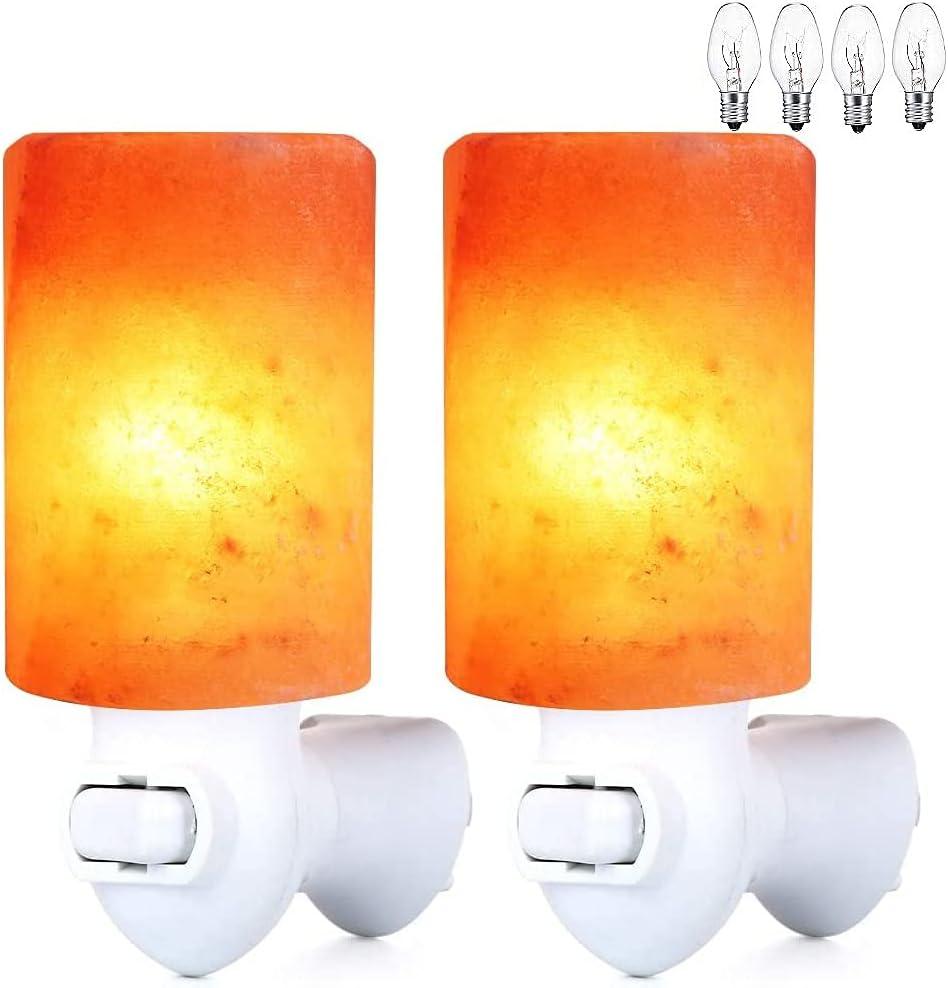 Himalayan Salt Lamp Plug in Night Light 2 Pack, 360 Degree Adjustable Wall Plug & Extra 4 Replacement Bulbs Bathroom Bedroom Night Light, Pink Crystal Rock Salt Hand Crafted Cylinder Size