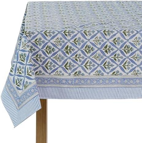 Ridhi Steel Blue 60x90 Inches Rectangle 100% Cotton Hand Block Print Tablecloth Washable Halloween Thanksgiving/Christmas Parties/Wedding Use,Fall décor Farmhouse Dining Dinner Tablecloth