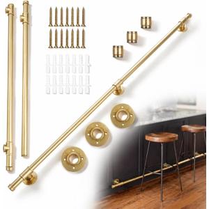 Moxweyeni 8 ft Gold Bar Foot Rails Kit Brass Staircase Handrail for Shelves Pipe Handrail with Mount Hardware and Tubing Bar Rest Brackets for Indoor Outdoor Office Restaurant Kitchen Island
