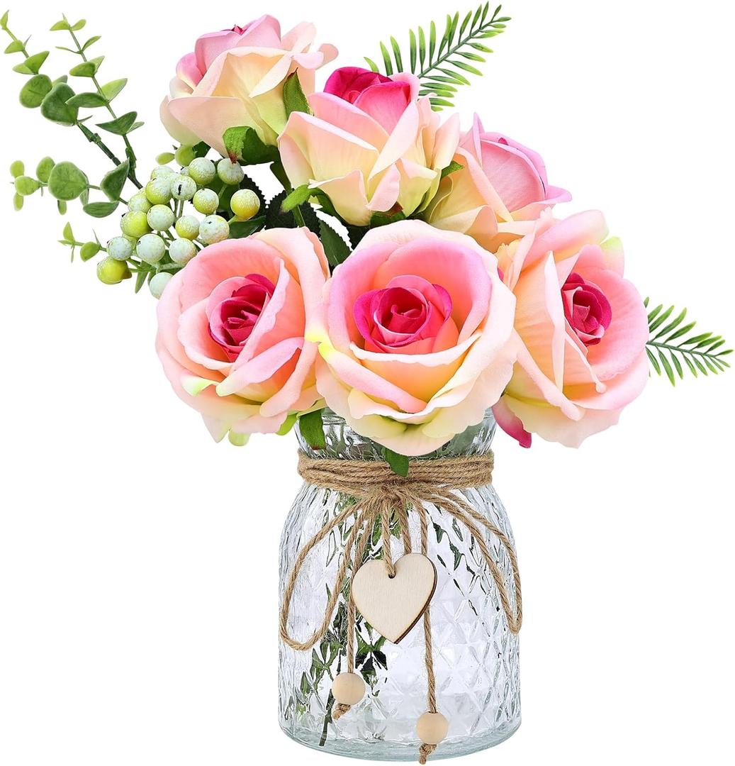 Fake Flowers with Vase, Artificial Velvet Roses Faux Plant Flower Arrangement Suitable for Home Office Living Room Bathroom Decoration, Dining Table Centerpiece (Pink)