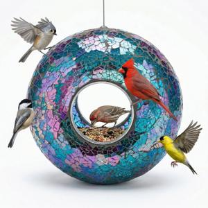 Topadorn Mosaic Bird Feeder Fly Through Hanging Birdfeeder for Wild Bird, 9-Inch Blue Bird Feeder for Gardens, Yards, Decks to Attract Wild Birds