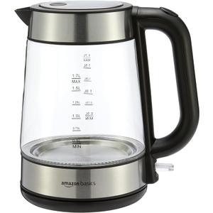 Amazon Basics Electric Kettle with Glass Carafe for Tea and Coffee, BPA-Free, Fast Boiling, Auto Shut-Off, Boil-Dry Protection, Water Level Indicator, 1.7 Liter, 1500W, Black and Silver