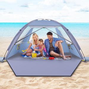 Happy Travel Beach Tent Sun Shelter for 3/4/5/6/7/8 Person, Portable UPF 50+ UV Protection Beach Shade Canopy for Family & Baby, Lightweight & Easy Setup Beach Cabana with 3 Ventilation Mesh Windows (Airy Blue)
