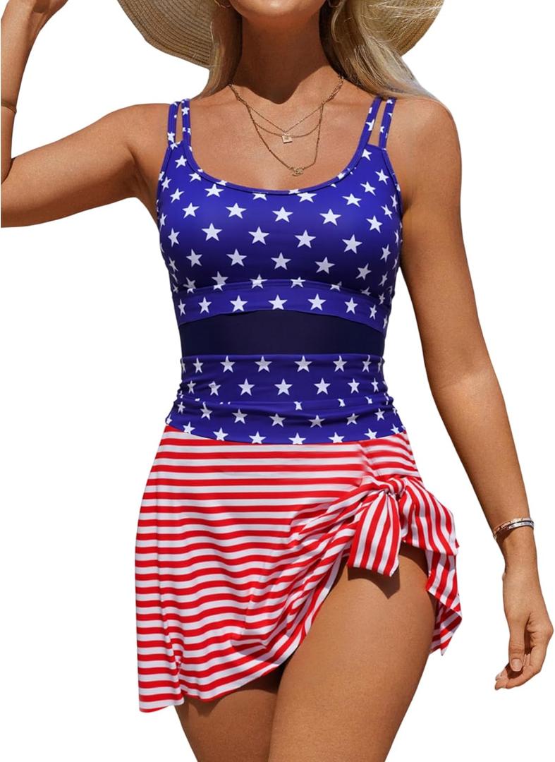 Womens One Piece Swim Dress Tummy Control Swimsuits Mesh American Flag Summer Beach Swim Tankini Bathing Suits (M)
