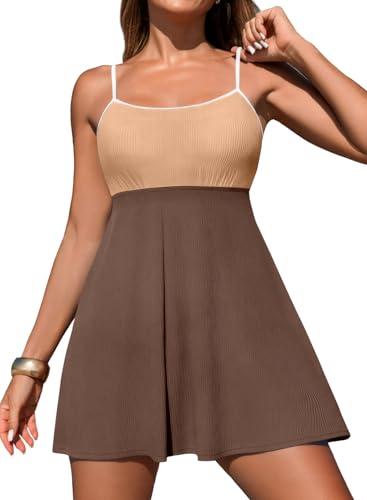 Aleumdr Athletic One Piece Swimsuits Tummy Control Tankini Bathing Suits for Women Ribbed Swimsuits Skirt Swimwear with Pocket Oatmeal X-Large