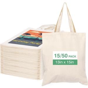 zerking 50 Pack Canvas Tote Bag Bulk Sublimation Blank Bags, 13x15 Inches 10oz Medium Lightweight Reusable Grocery Shopping Cloth Bags for DIY Gifts or Prizes