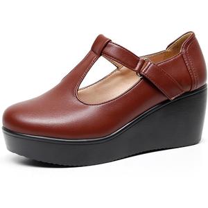 Women's Leather T-Strap Platform Wedge Mary Jane Shoes Comfort Round Toe Ankle Strap Non-Slip Casual Soft Cute School Dress Shoes for Work Outdoor Office (8, Brown)