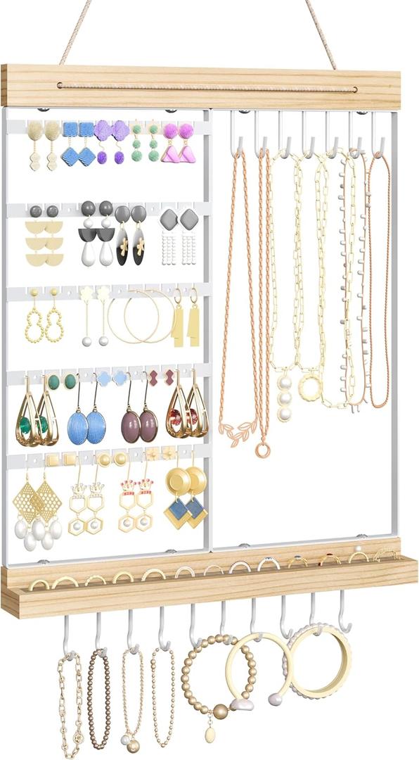 Hanging Jewelry Organizer and Storage, 5-Tier White Earring Necklace Holder Jewelry Display Organizer Stand Rack, Wall Mounted for Earrings Necklaces Bracelets and Rings, White