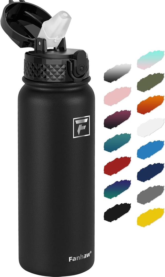 Fanhaw 20 oz Insulated Stainless Steel Water Bottle with Straw Lid, Leakproof & Anti-Dust Sports Bottle for Kids, Women & Men (Black)