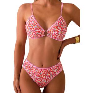 Tainehs Women's Two Piece Bikini Sets O Ring Front Top Ditsy Floral Triangle Swimsuits Cheeky Bathing Suit, S