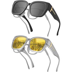 JIM HALO Polarized Sunglasses Fit Over Glasses for Men Women, Square Night Vision Glasses for Driving UV Protection 2 Packs