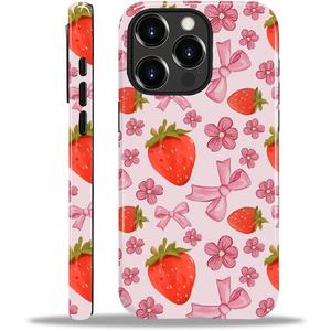 Compatible with iPhone 12 Pro Max Case - Hybrid Heavy Duty 2 in 1 Full Body Rugged Shockproof Protection Glossy Case for iPhone 12 Pro Max - Coquette Strawberry Cute