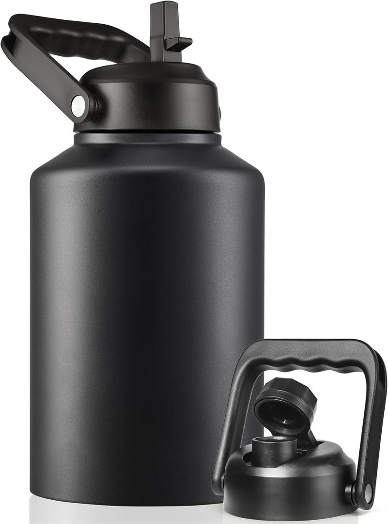 Insulated Gallon Water Bottle Jug with Straw, 128 oz Large Stainless Steel Sports Metal Water Canteen With Handle, Thermal Water Cup Mug with 2 Lids, Midnight Black