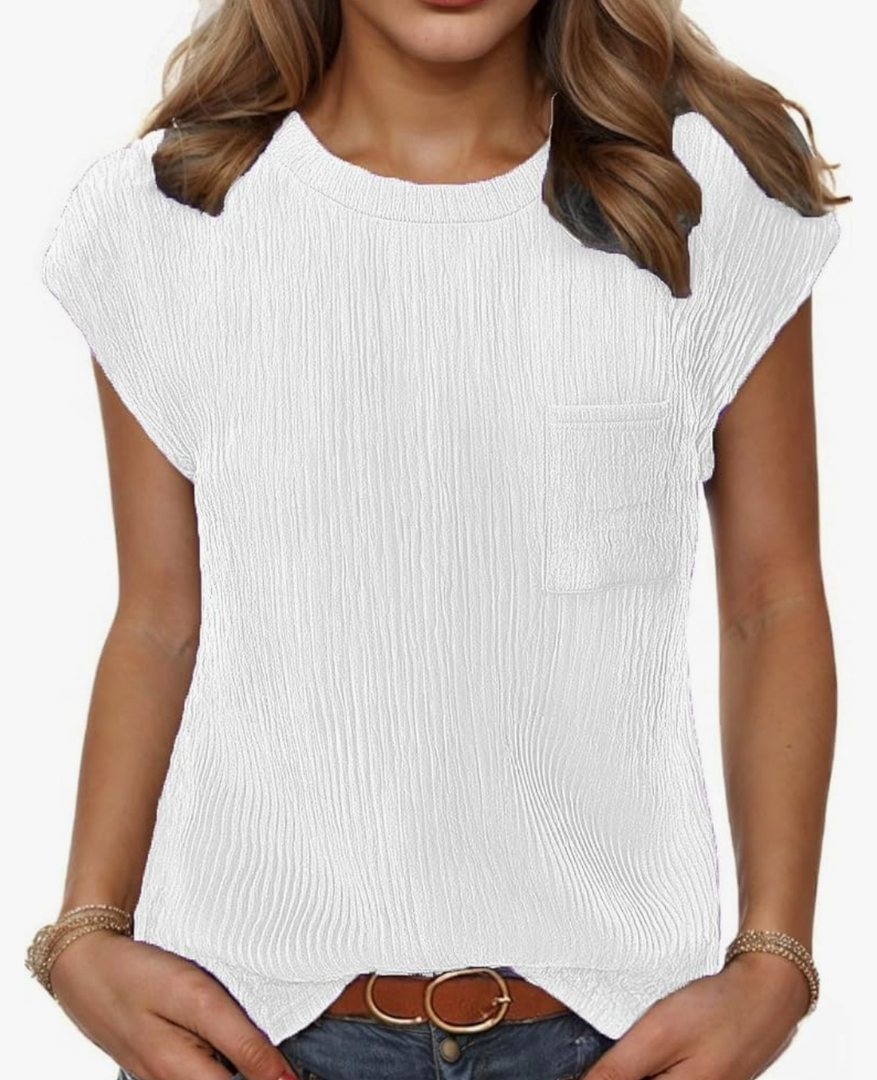 HOTOUCH Cap Sleeve Shirt Top for Womens Trendy Crew Neck Blouse Basic Textured Tshirts Tunic with Pocket, Small