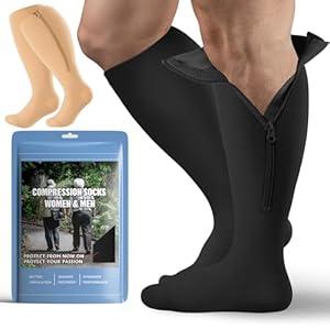 Tinojye 2 Pair Plus Size Closed Toe Compression Socks with Zipper, Compression Stockings for Overweight Women Men 15-20 mmHg