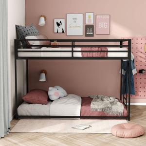 Furniture of America Dravenor Modern Metal Twin Over Twin Low Profile Bunk Bed with Reversible Ladder and Twnty-Two Slats, No Box Spring Required, for Kids, Bedroom, Dorm, Black