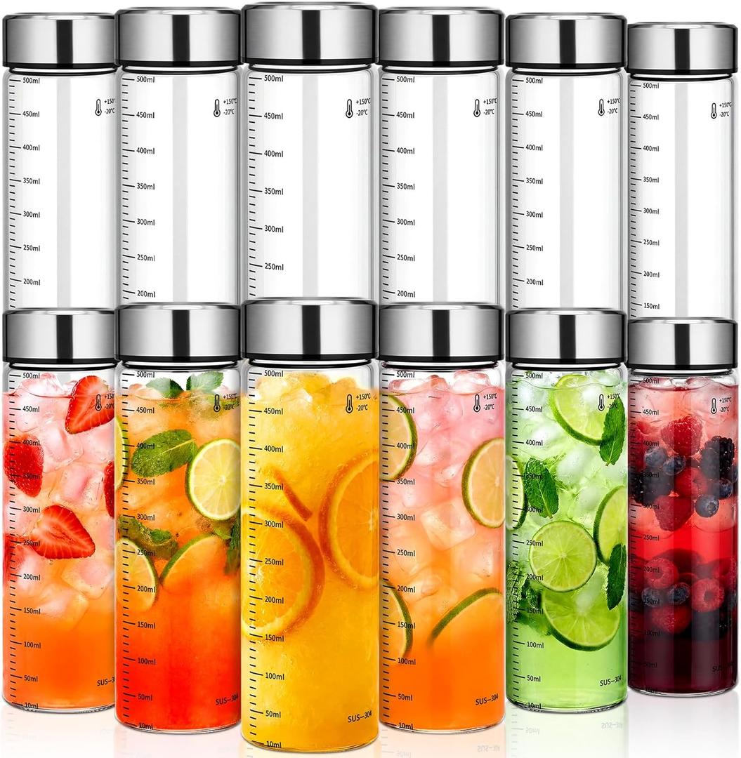 LemonRoad 12 Pack 17 oz Glass Juice Bottles Bulk Scale Wide Mouth Glass Water Bottles with Leakproof Stainless Steel Lids, Borosilicate Reusable Container for Juicing Smoothies Infused Water