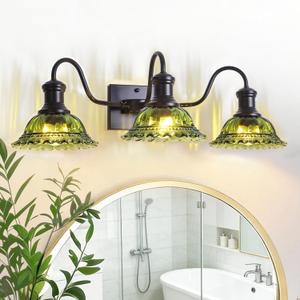 Vintage Vanity Lights 3-Light, Black Bathroom Lights with Green Shade, Glass Bathroom Light Fixtures Over Mirror, Farmhouse Wall Sconce for Bathroom, Vanity Table, Entryway, Hallway