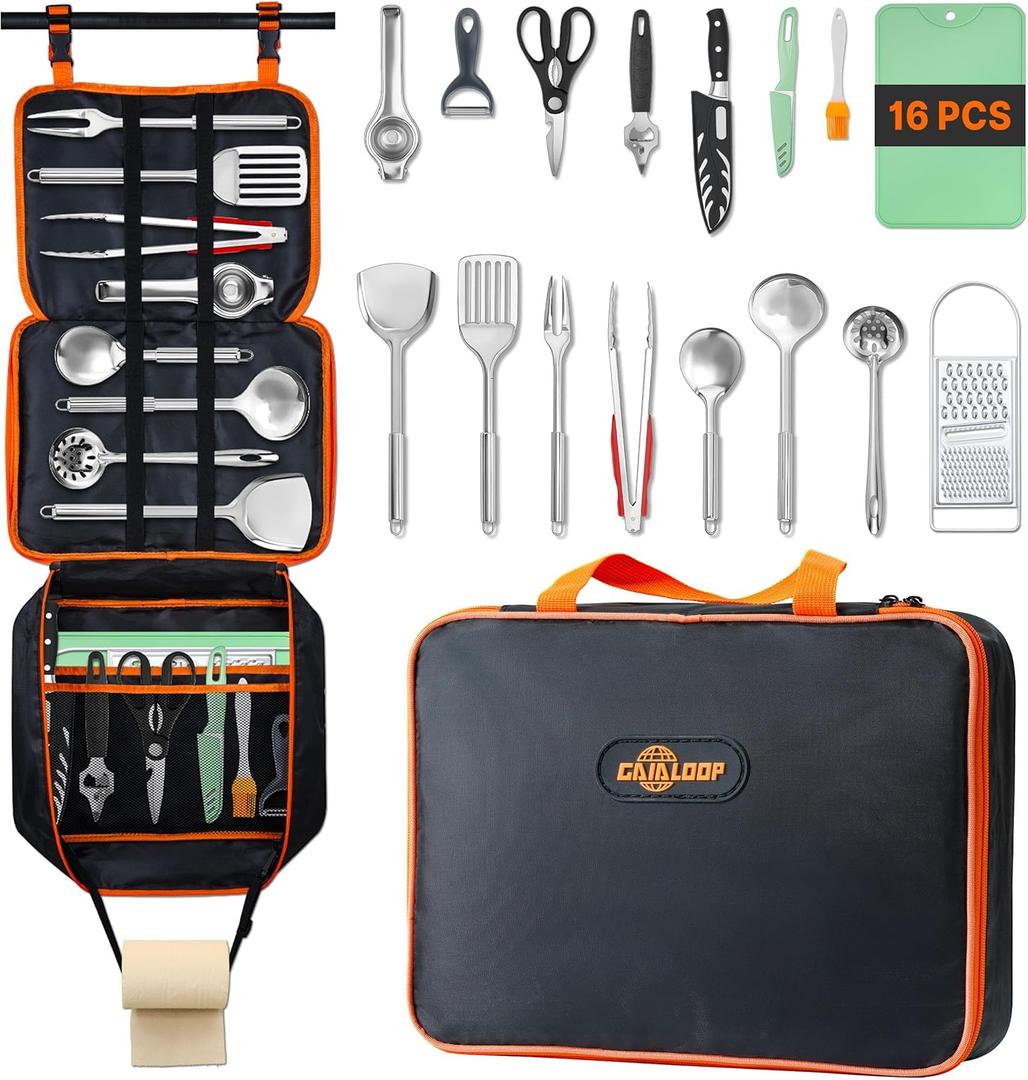 Portable Camping Cooking Utensils Set, Camp Kitchen Set with Organizer Bag, RV Essentials Outdoor Cooking Utensil Kit for Travel, Picnics, Camping, BBQs, Parties