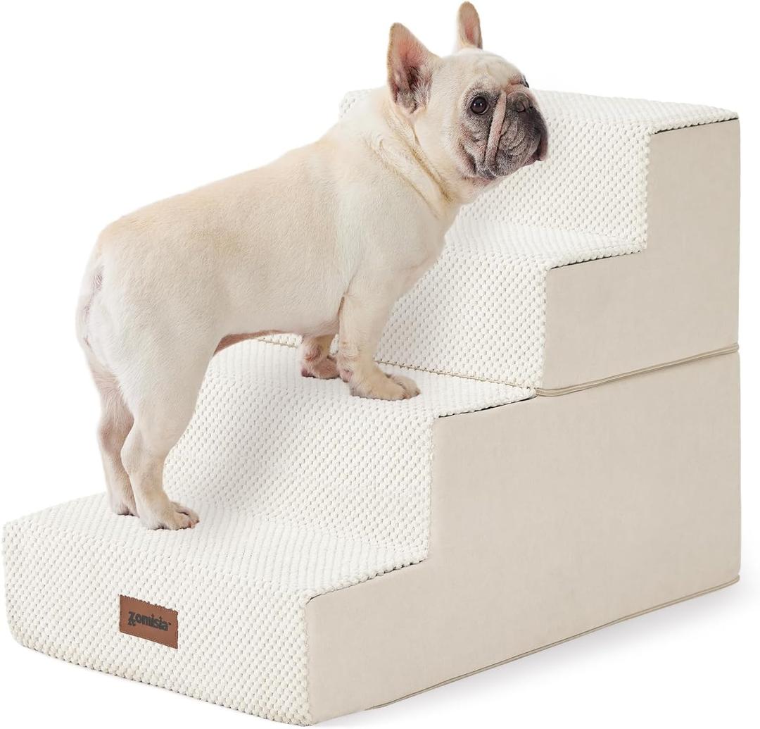 ZOMISIA Dog Stairs for Small Dogs - Pet Stairs 2 in 1 with Zippers Suitable for Couch and Bed, 35D Foam Dog Steps with Non Slip Bottom Grey 4 Steps, Beige
