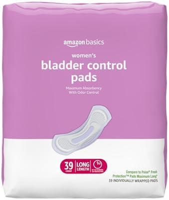 Amazon Basics Incontinence Pads for Women Long, Bladder Control, Postpartum, Maximum Absorbency, Unscented, 39 Count 2 Pack