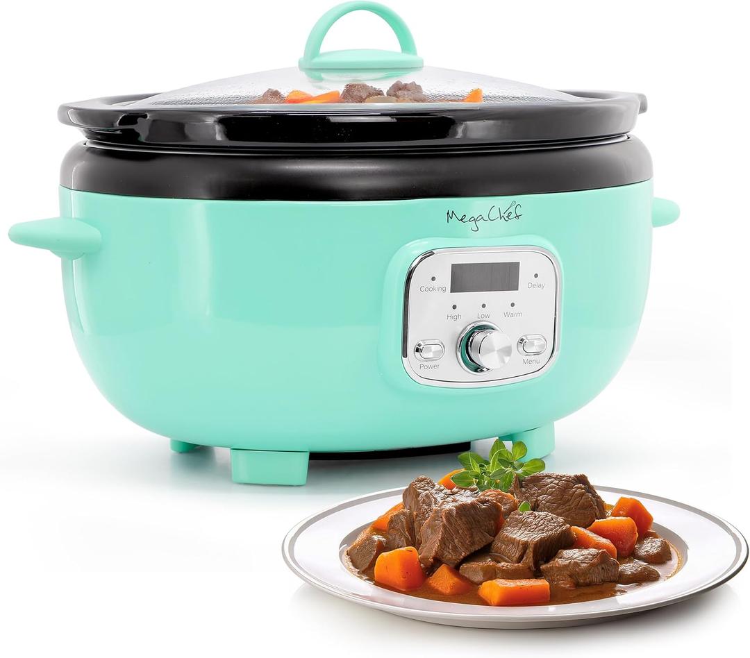 MegaChef 6.9 Quart Oval Electric Slow Cooker, Removable Ceramic Pot, 3 Heat Settings, Kitchen Appliance, Countertop Cooker (Turquoise)